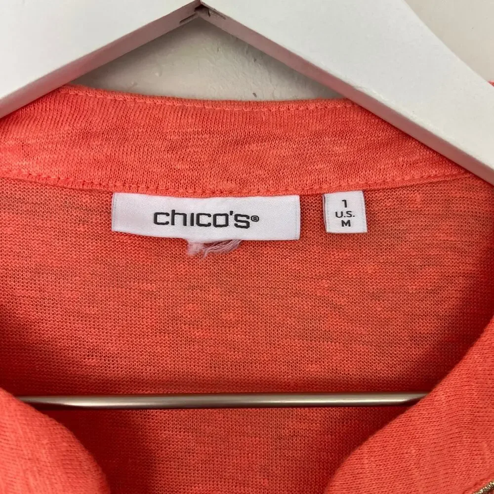 Chico's Coral Linen Tunic M Beaded Embellished Split Neck Coastal Resort Boho